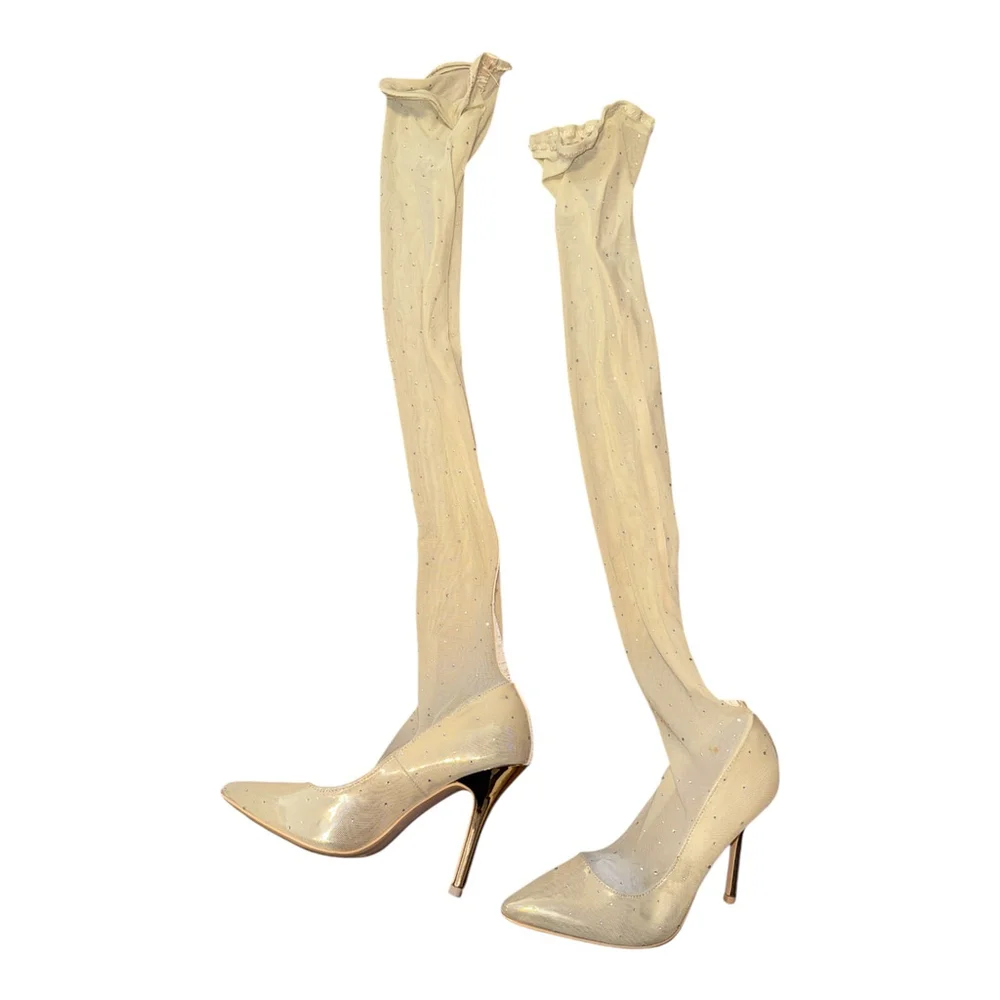 Women's Rhinestone Embellished Over-the-Knee Boots, Cream, High Heel